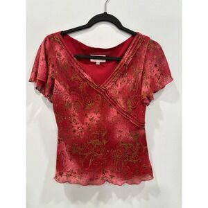 Studio I Red Paisley Sheer Blouse Size 8 Flutter Sleeve V-Neck Top Y2K Romantic